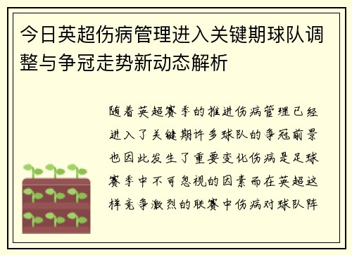 今日英超伤病管理进入关键期球队调整与争冠走势新动态解析