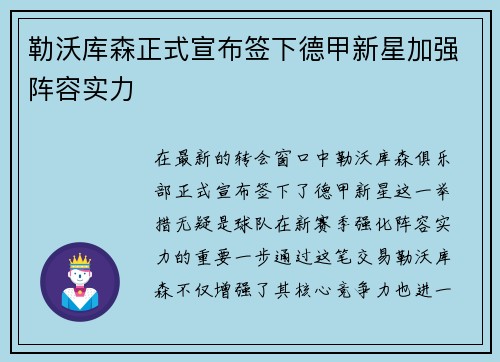 勒沃库森正式宣布签下德甲新星加强阵容实力 勒沃库森正式宣布签下德甲新星加强阵容实力